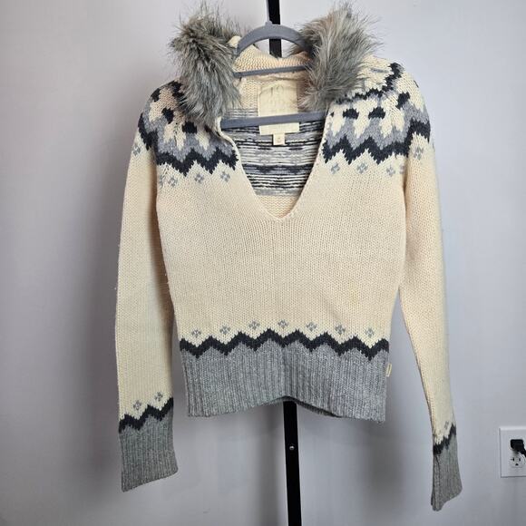 Vintage Hollister Y2K Wool Cashmere Sweater Fur Hood Fair Isle Preppy Medium - Picture 1 of 9